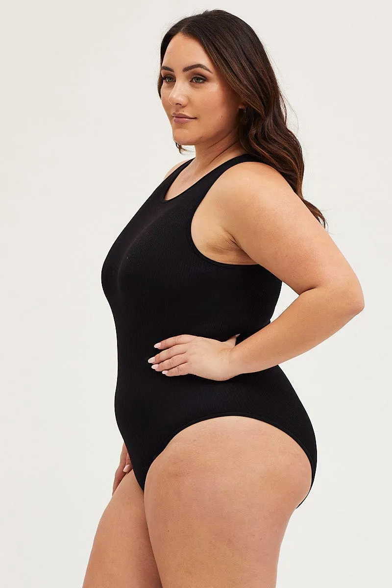 Stylish Fashion Black Rib Bodysuit Sleeveless Seamless