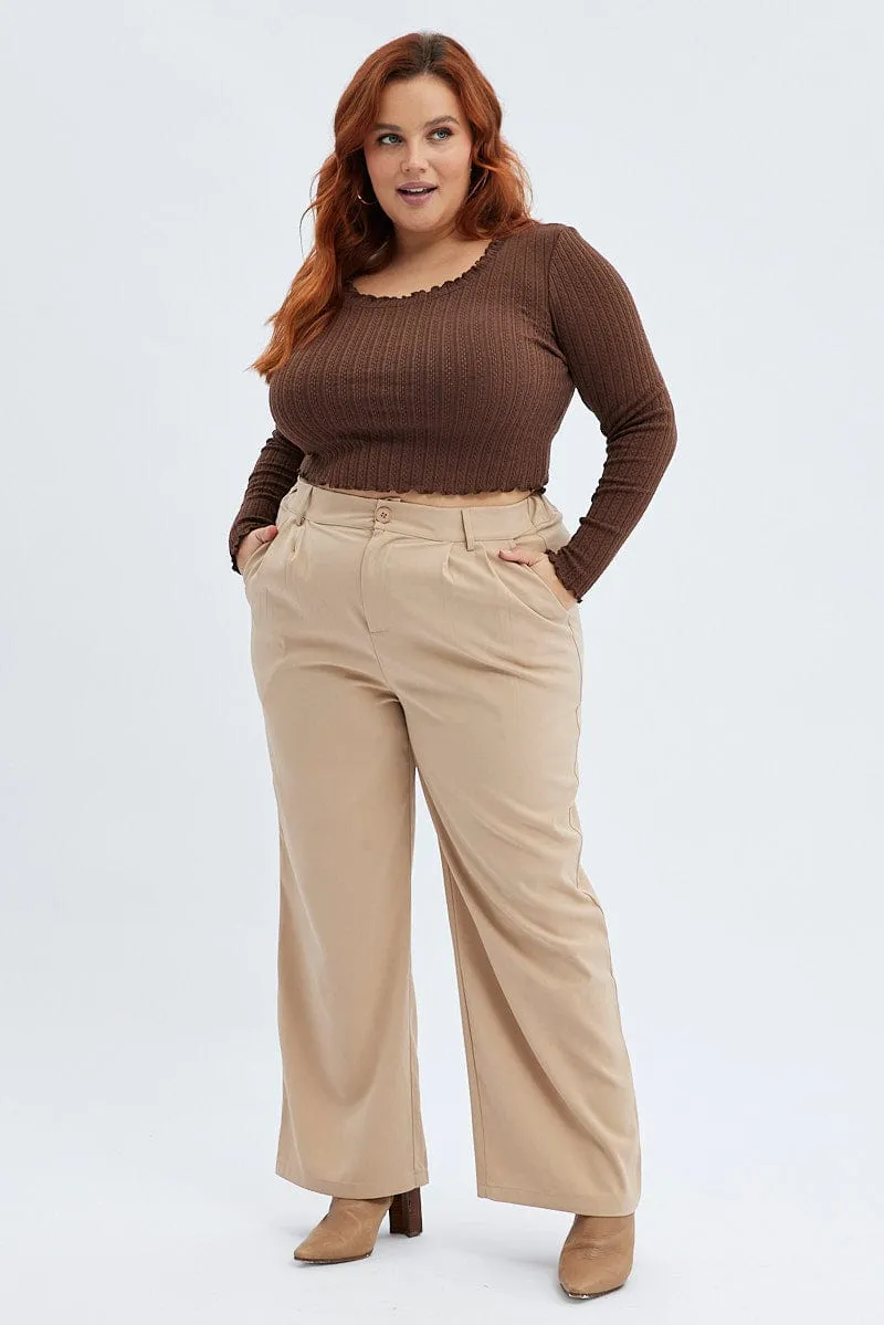Comfortable Fit Wear SturdyBeltLoops Beige Wide Leg Pants High Rise