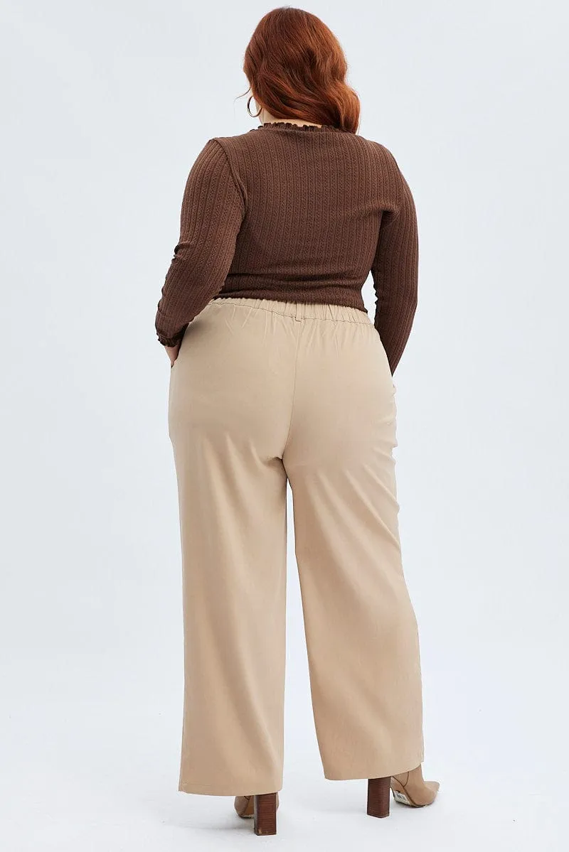 Beige Wide Leg Pants High Rise Durable Utility Flattering Comfort Wear