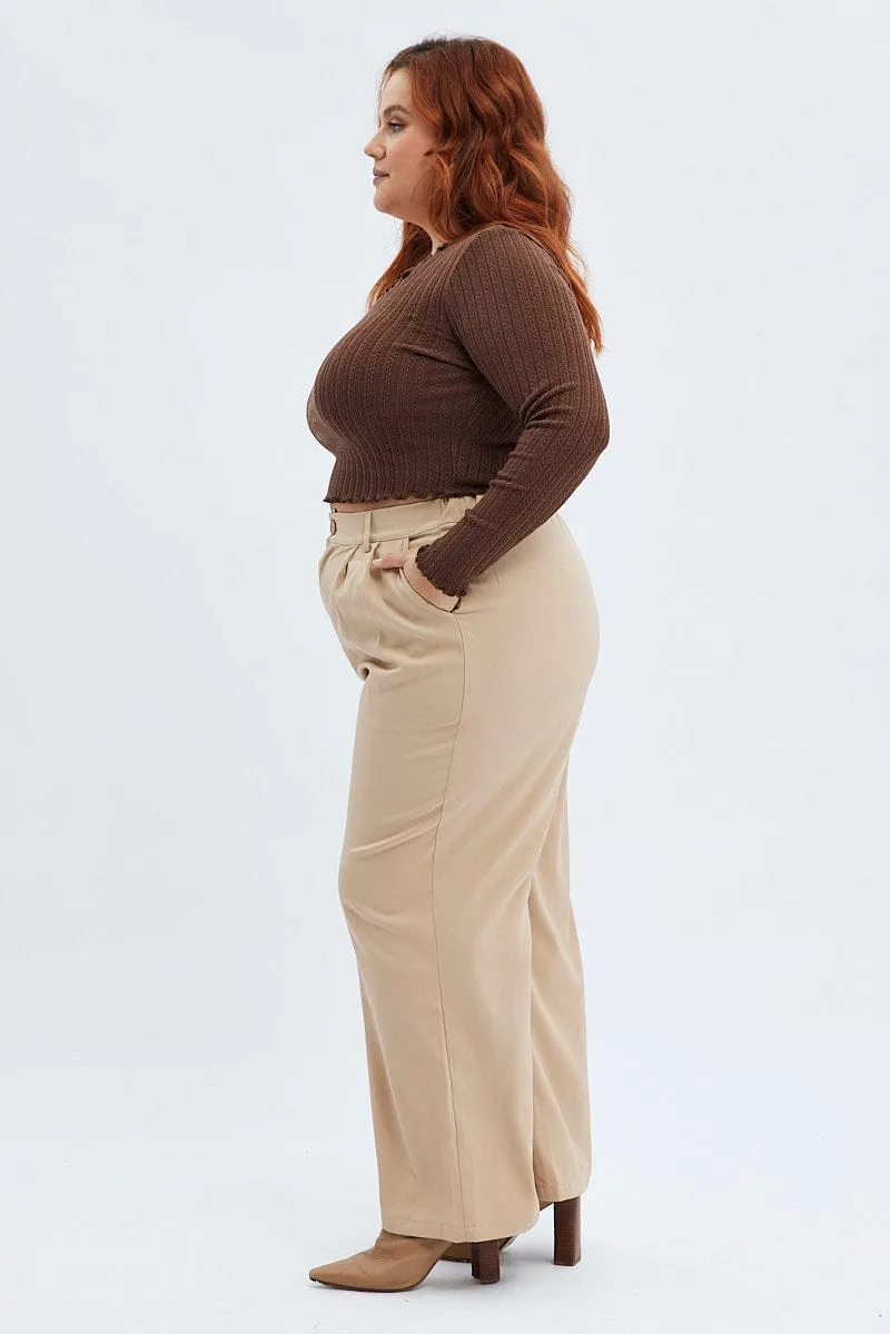 Low Profile Design Sustainable Material Blend Beige Wide Leg Pants High Rise
