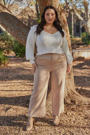Beige Wide Leg Pants High Rise StainResistantFinish
