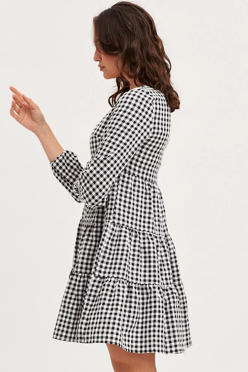 Check Skater Dress Long Sleeve Mini Night Out