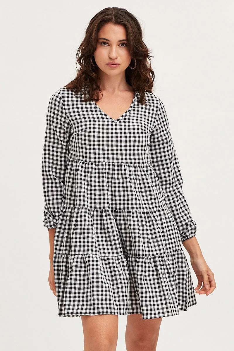 Planet Glow Organic Ease Check Skater Dress Long Sleeve Mini