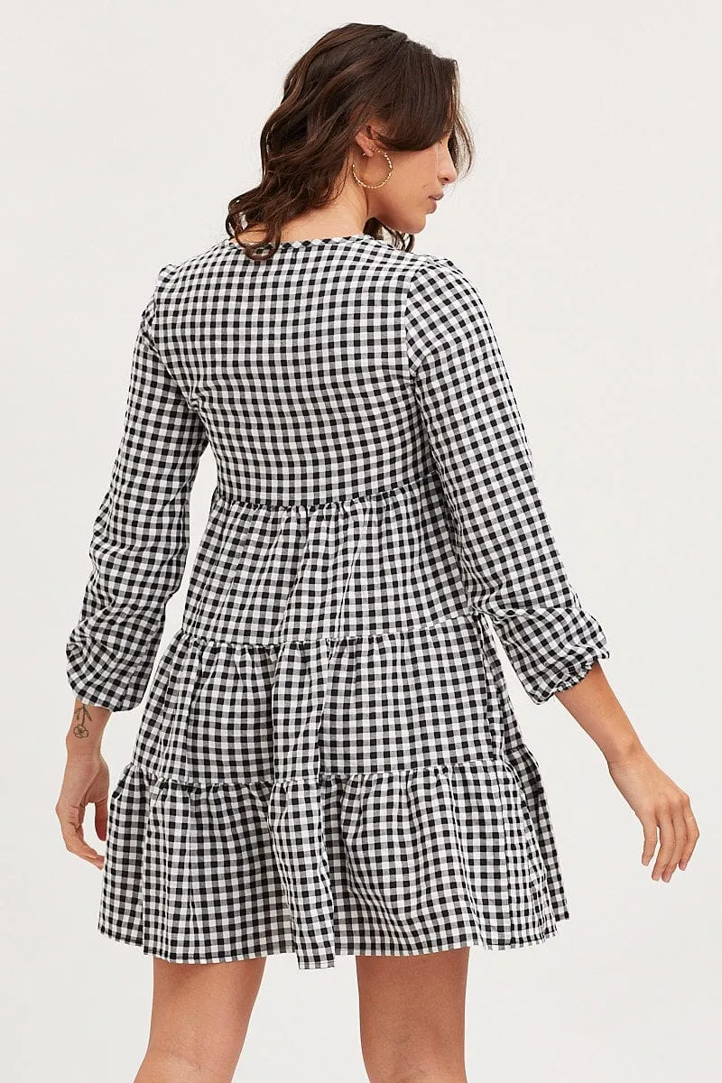 Firm Leather Smart Wear Check Skater Dress Long Sleeve Mini