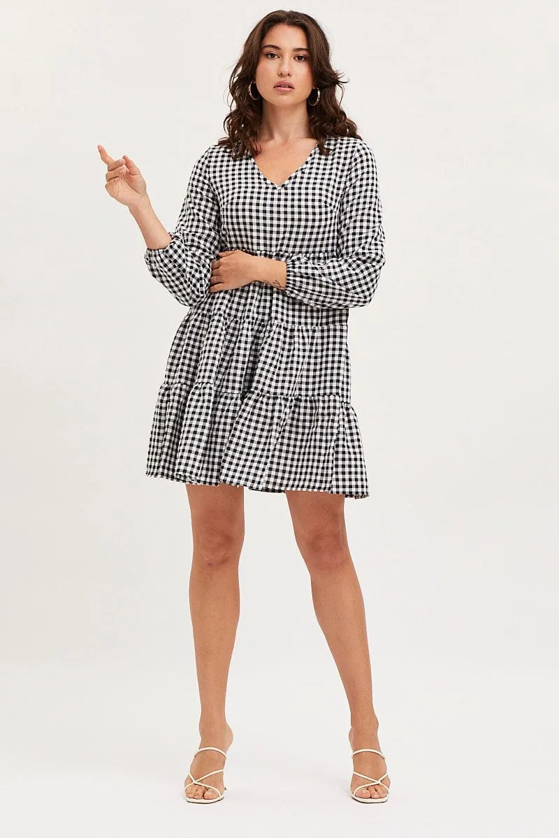Check Skater Dress Long Sleeve Mini TearResistant Fabric Glitter Fit