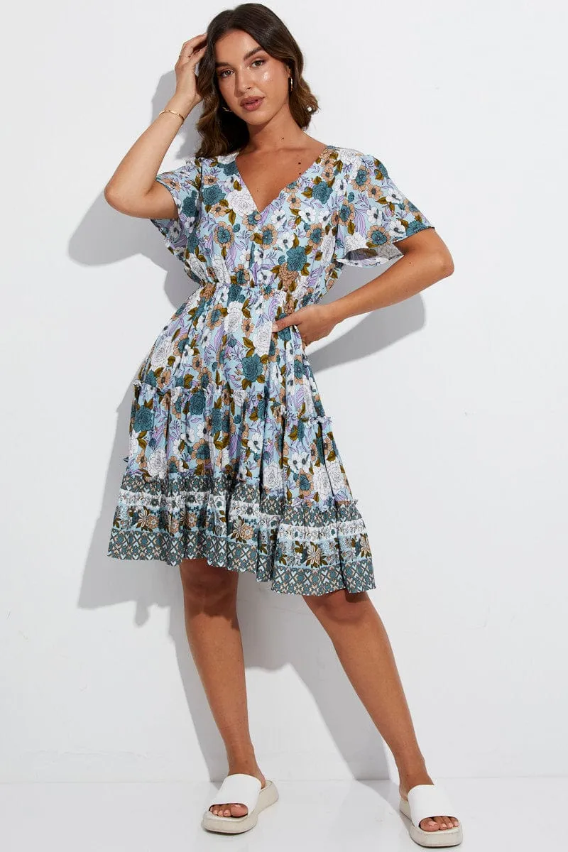 Blue Boho Fit And Flare Dress Short Sleeve Mini V-Neck CoolingChannelFabric