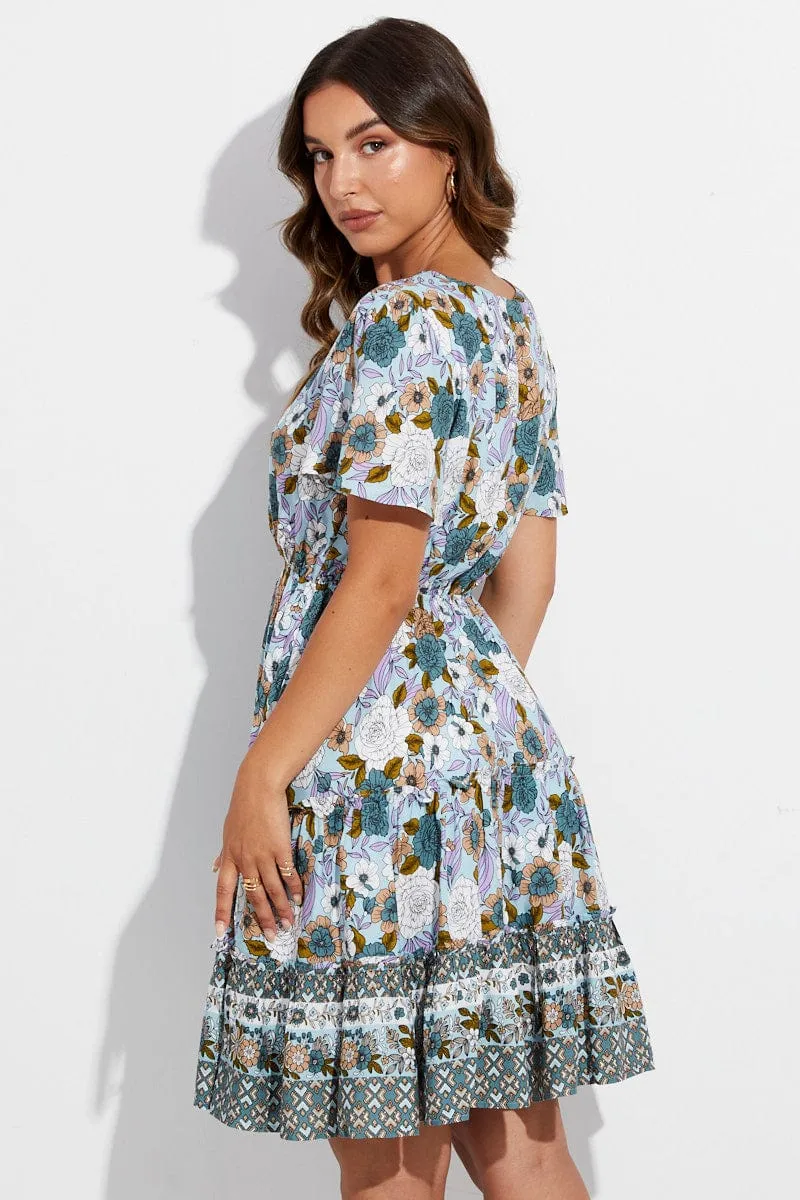 Blue Boho Fit And Flare Dress Short Sleeve Mini V-Neck QuickDry SmoothEdgeTrim