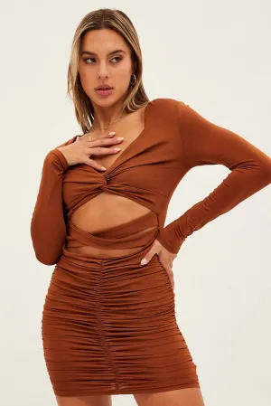 Brown Twist Front Ruched Bodycon Dress Warm Fashion