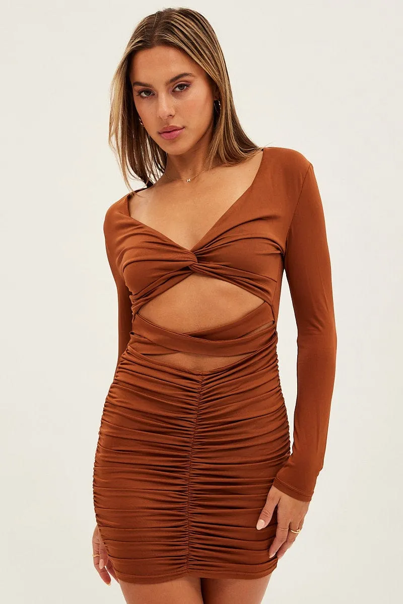 Ocean Fit Brown Twist Front Ruched Bodycon Dress