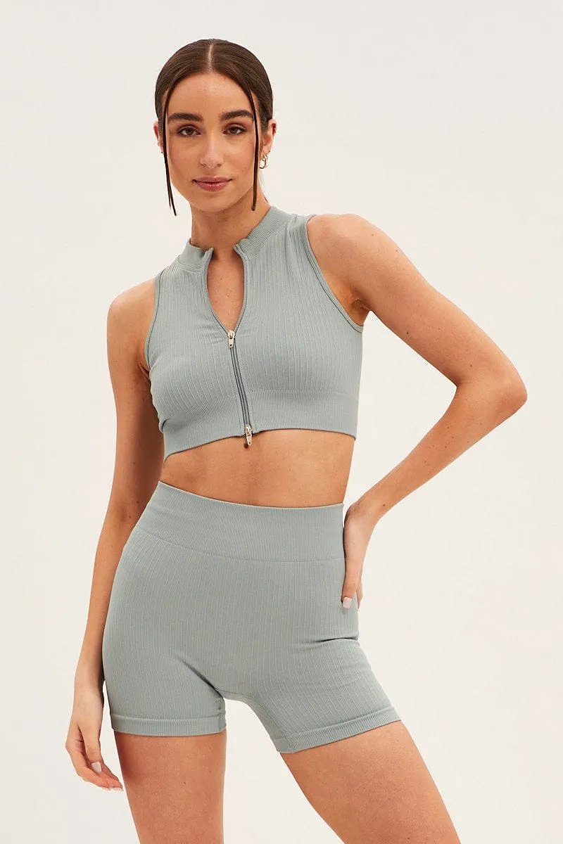 Light Wool Blue Seamless Zip Top And Bike Shorts Activewear Set
