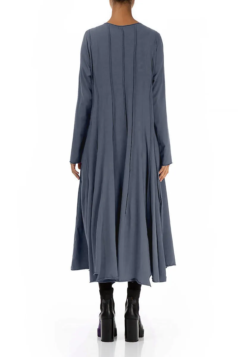 Adjustable drawstring Flared Maxi Slate Blue Cotton Dress