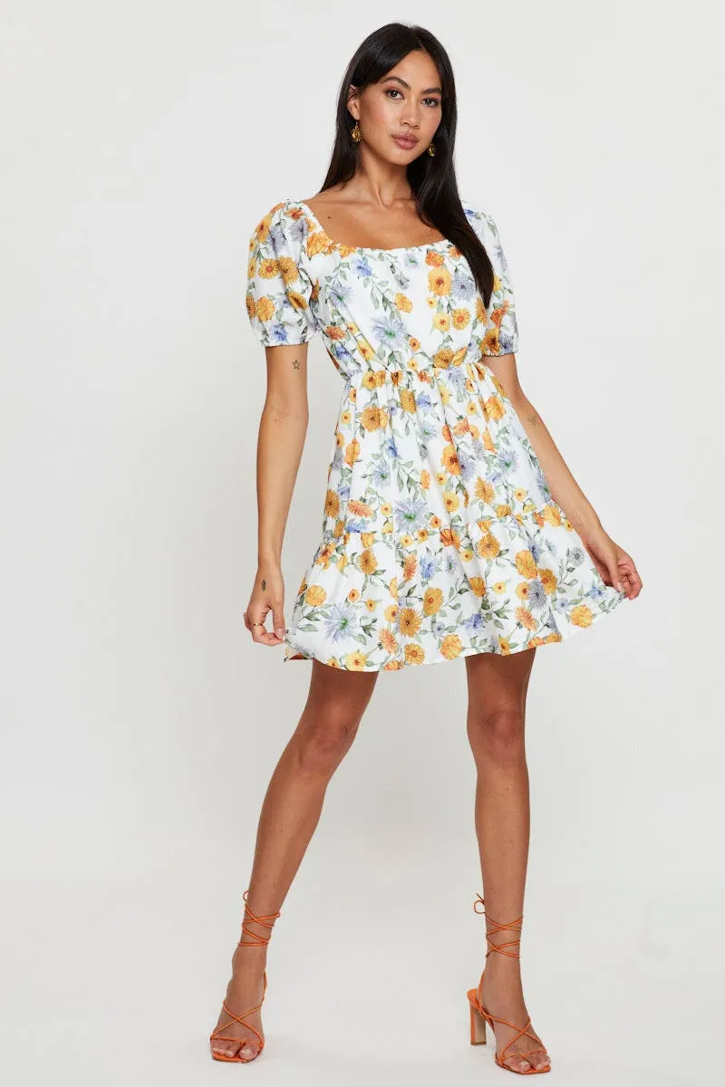 Print Fit And Flare Dress Short Sleeve Square Neck Ergonomic Pattern Peace Flow