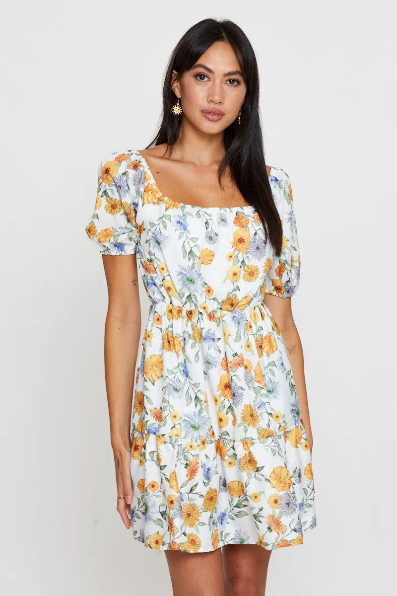 QuickReleaseClosure Print Fit And Flare Dress Short Sleeve Square Neck