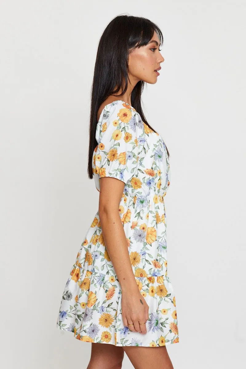 Print Fit And Flare Dress Short Sleeve Square Neck Stylish Hat