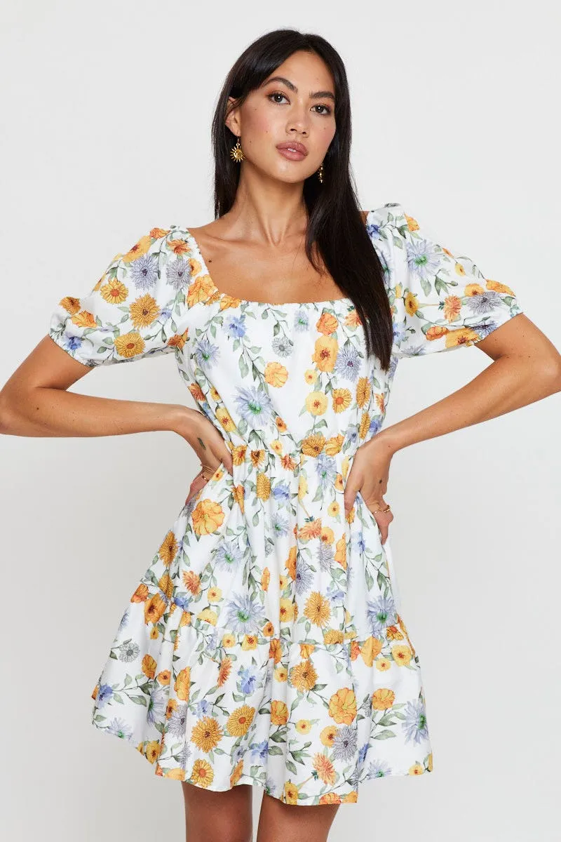 Print Fit And Flare Dress Short Sleeve Square Neck Team Edge TaglessLabel