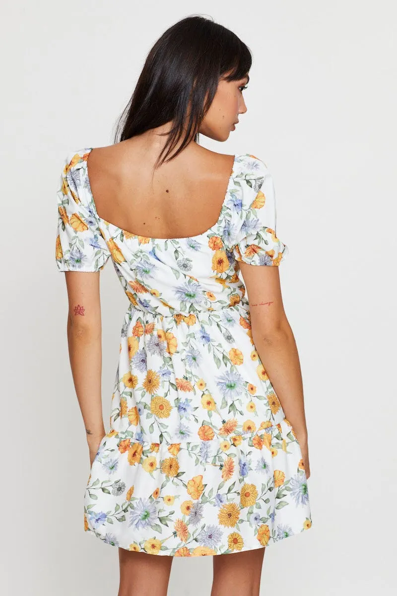 Village Charm Print Fit And Flare Dress Short Sleeve Square Neck