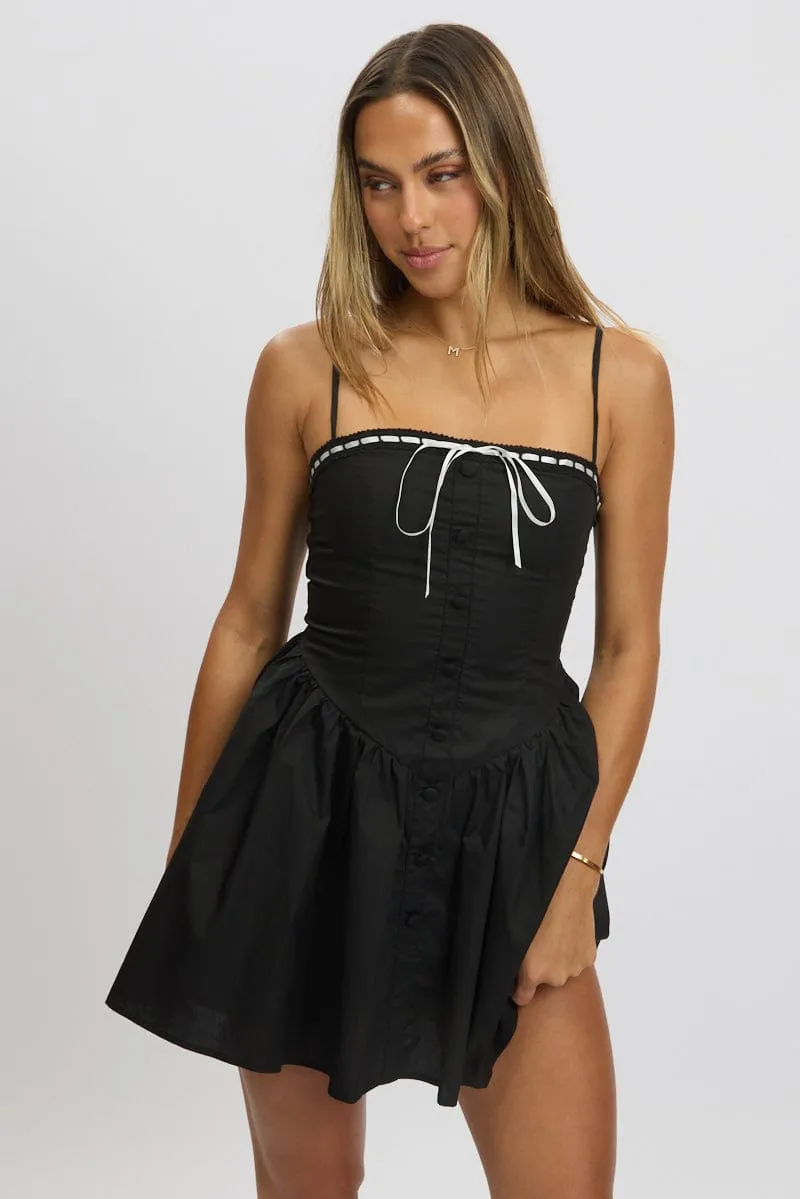 Black Fit And Flare Dress Ribbon Tape Mini AntiBacterialTextile StaticFreeLining