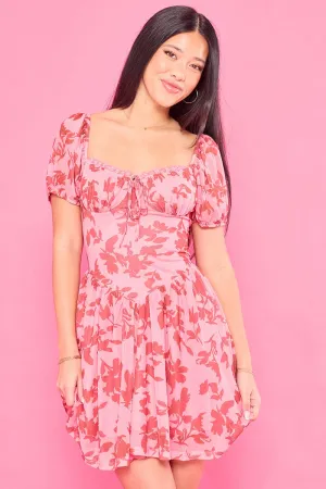 Pink Floral Fit And Flare Dress Puff Sleeve Mesh Classic Design Bonded Seam Technology