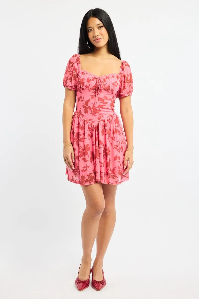 Pink Floral Fit And Flare Dress Puff Sleeve Mesh Casual Trend
