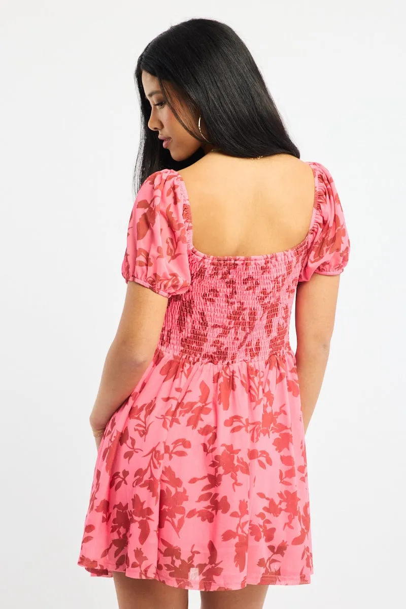 Faith Core Pink Floral Fit And Flare Dress Puff Sleeve Mesh
