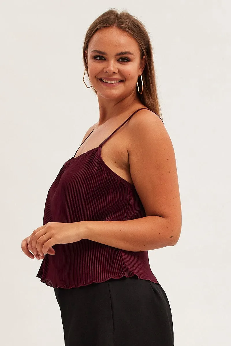 MultiPocket Design Opaque Core Red Plisse Top Sleeveless