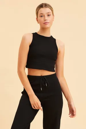 Winter Fashion Comfort Wear Black Cropped Tank Cotton Blend Rib High Neck Racer Back