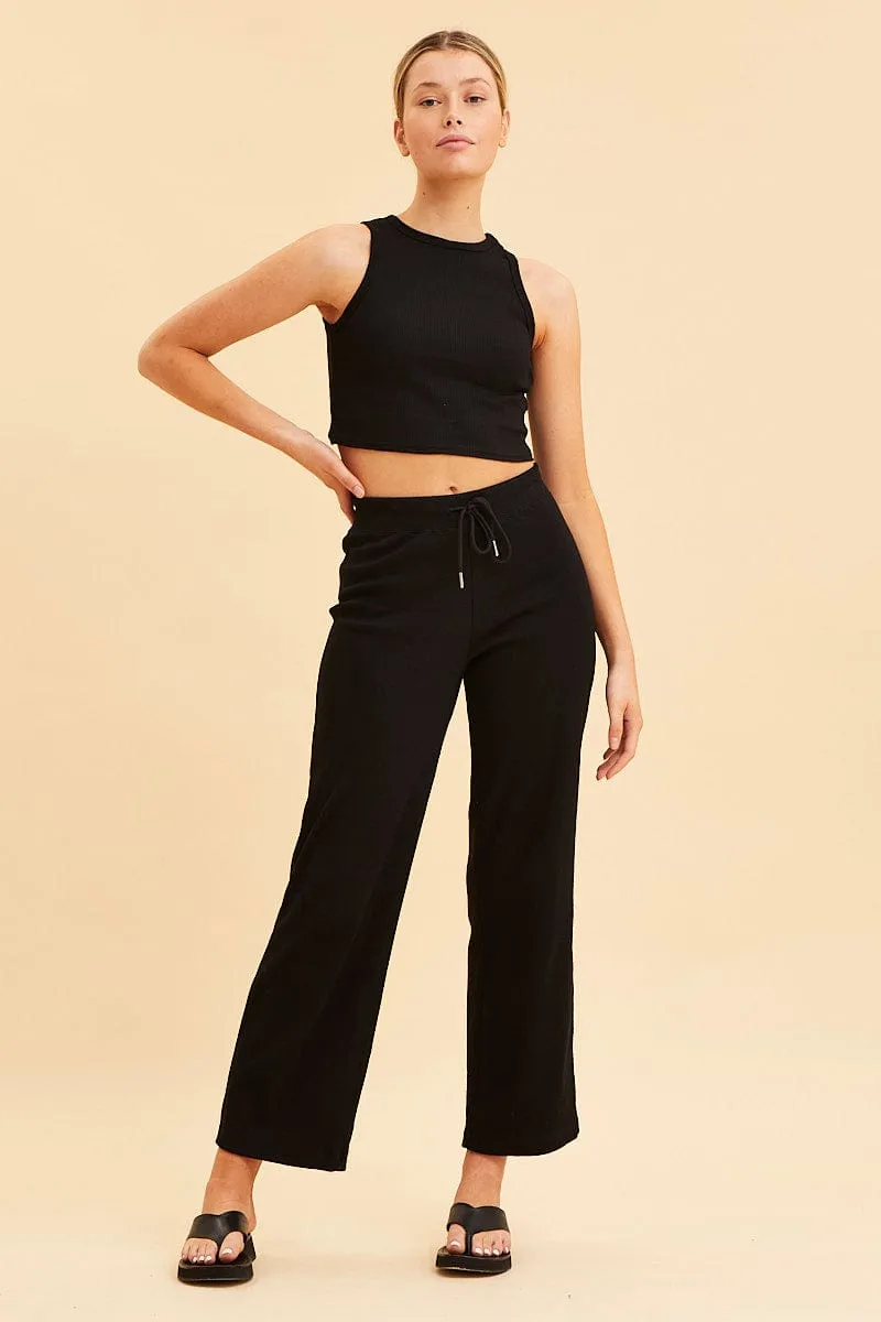 Black Cropped Tank Cotton Blend Rib High Neck Racer Back Dense Fit