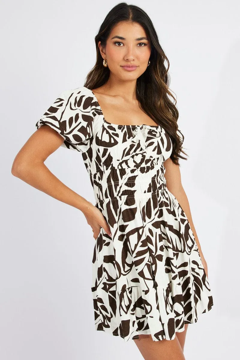 Thick Glow Brown Abstract Fit And Flare Dress Puff Sleeve Mini