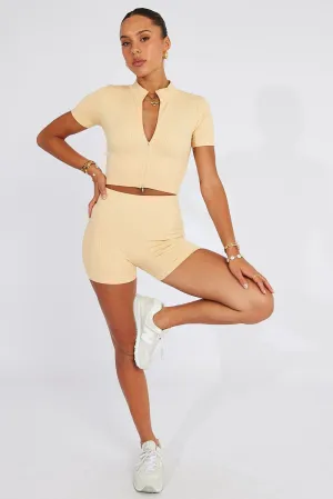 Layered Clothing Beige Seamless Zip Top And Bike Shorts Activewear Set
