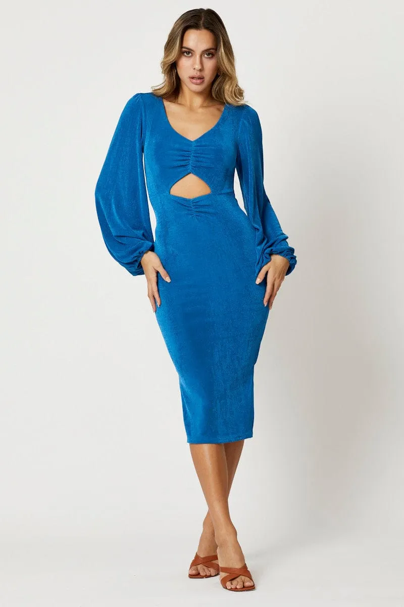 Metal Core Blue Slinky Jersey Cut Out Dress