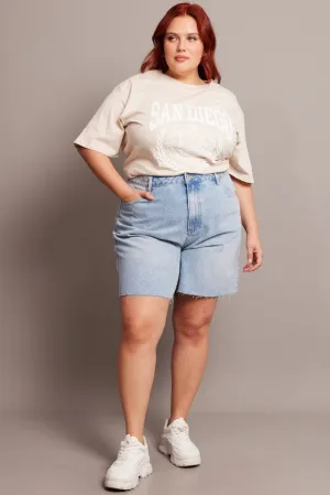 City Beat Denim Longline Shorts High Rise Relaxed Fit Raw Hem