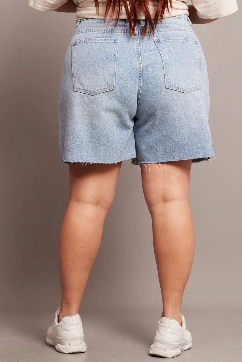 Denim Longline Shorts High Rise Relaxed Fit Raw Hem PreShrunkFabric