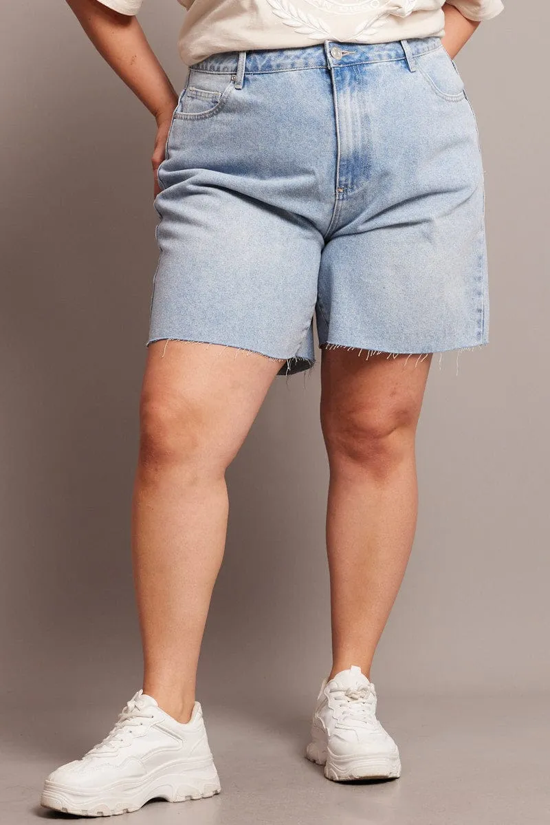Dream Feel Denim Longline Shorts High Rise Relaxed Fit Raw Hem