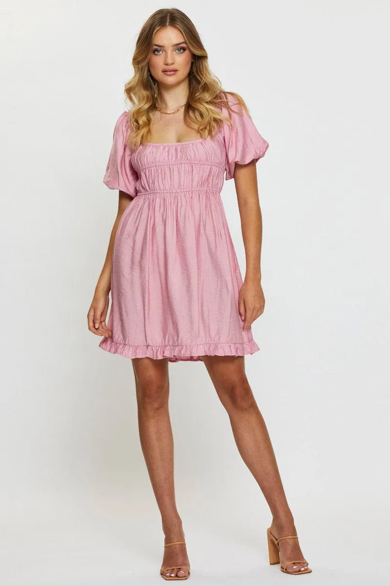 Pink Mini Dress Short Sleeve Evening Adjustable Shoulder Straps