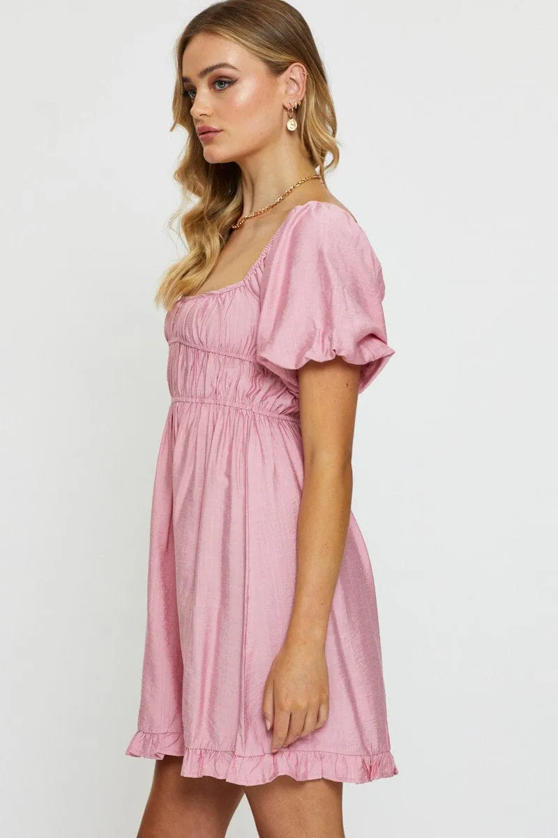 fade resistant color Pink Mini Dress Short Sleeve Evening