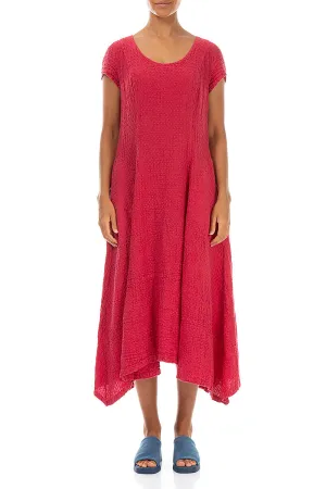 Casual Design Flared Raspberry Textured Linen Dress