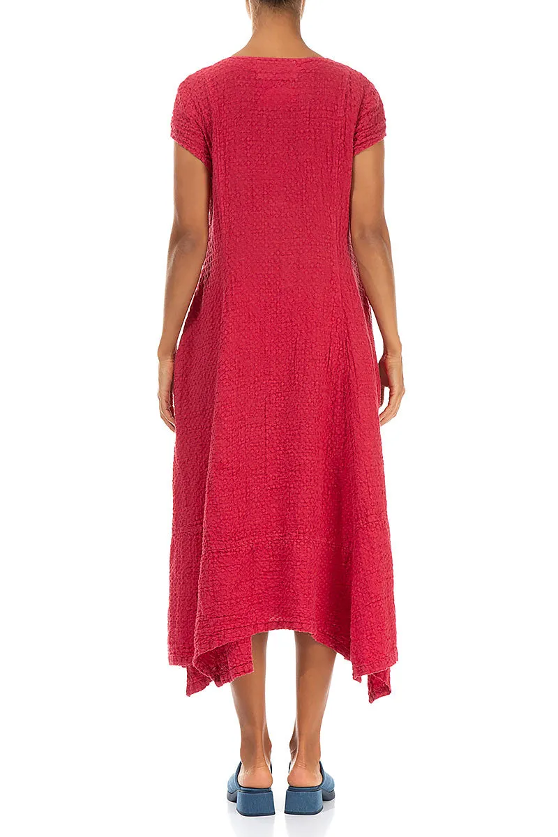 HighCollar Style Street Icon Flared Raspberry Textured Linen Dress