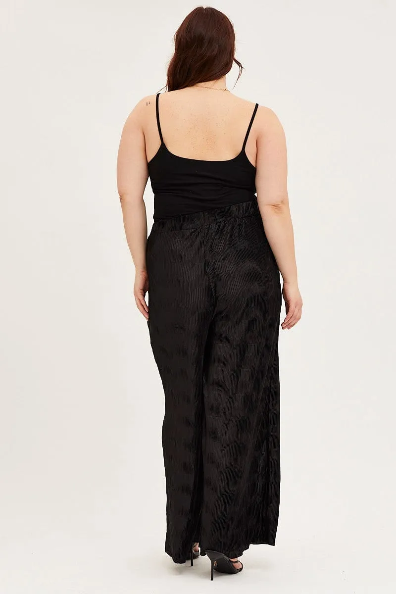 Lounge-friendly Black Pants High Rise Plisse Elastic Waist