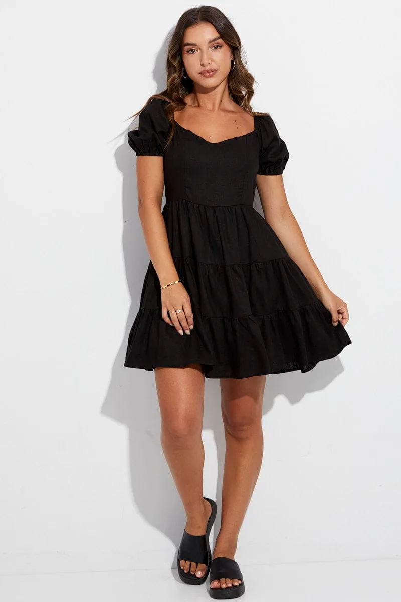 Relax Vibe Black Skater Dress Short Sleeve Tiered