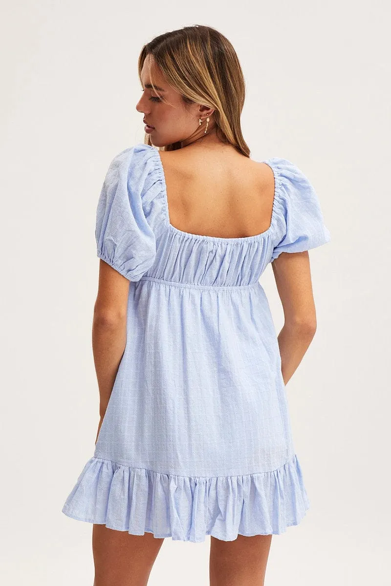 Adjustable Waistband Blue Skater Dress Short Sleeve Mini