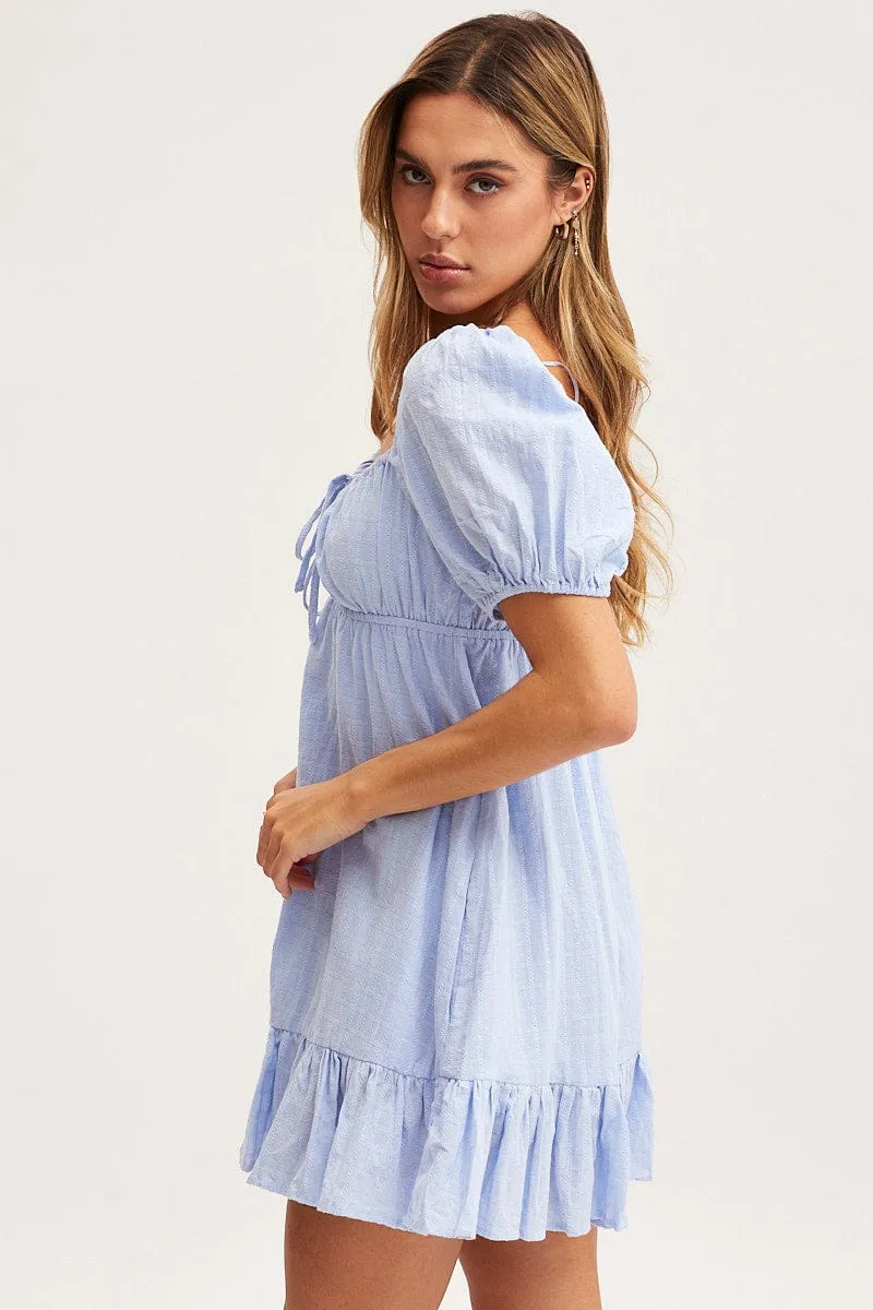 Blue Skater Dress Short Sleeve Mini Durable Construction Wind Ease