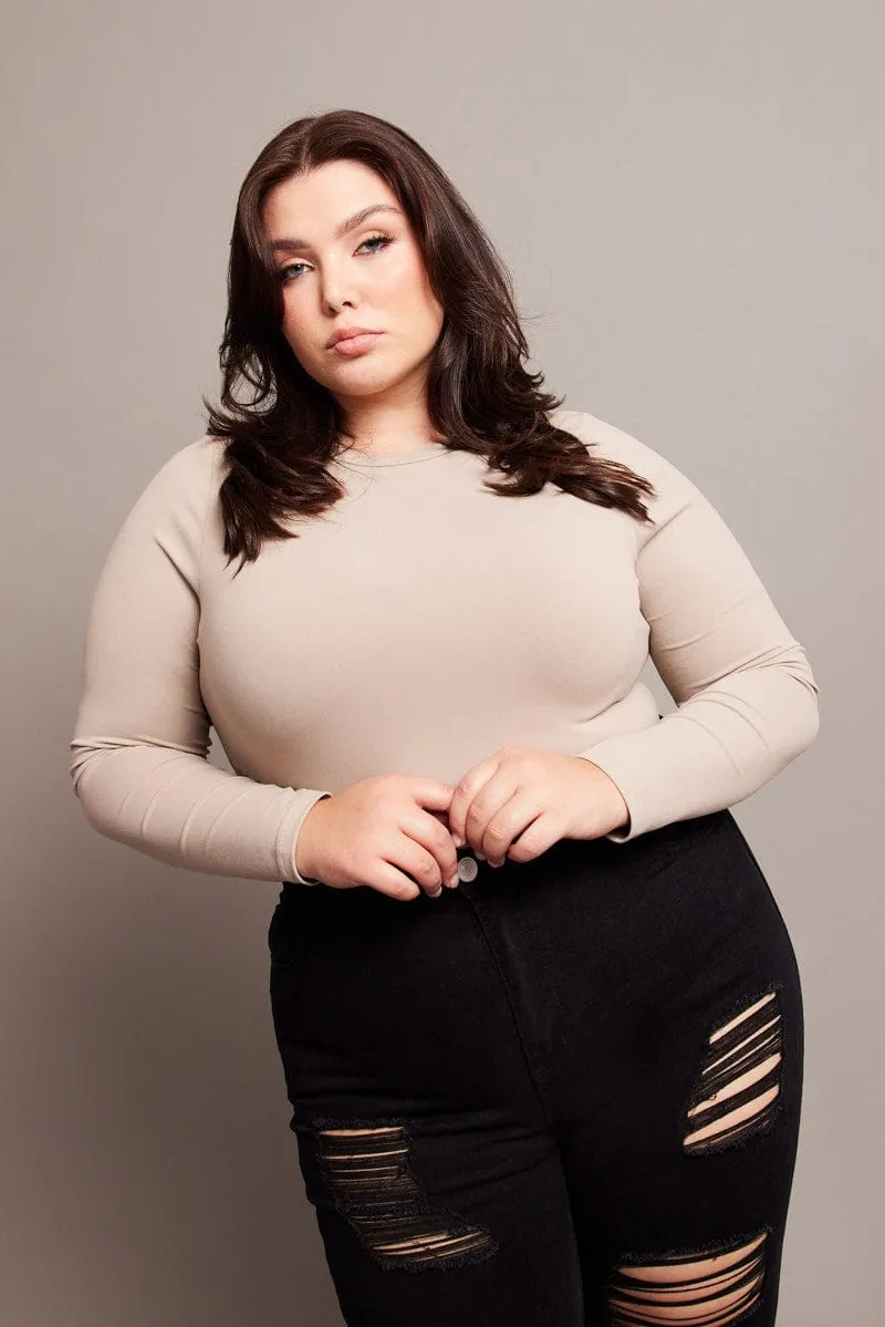 HighVisibility Trim Breezy Design Beige Bodysuit Long Sleeve Crew Neck Supersoft