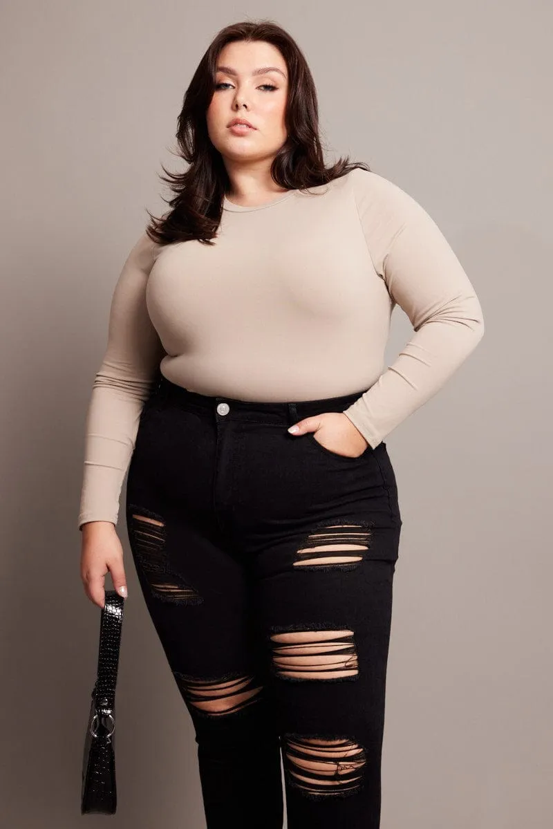 Beige Bodysuit Long Sleeve Crew Neck Supersoft Ethical Mode