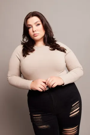 HighVisibility Trim Breezy Design Beige Bodysuit Long Sleeve Crew Neck Supersoft