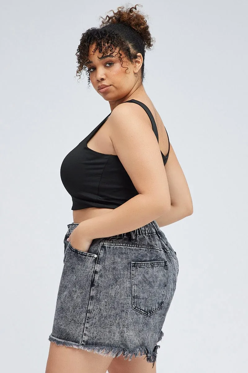 Black Relaxed Denim Shorts High Rise Clear Glow