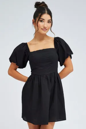 Black Fit and Flare Dress Short Sleeve Sun Protection Fabric Casual Bottoms