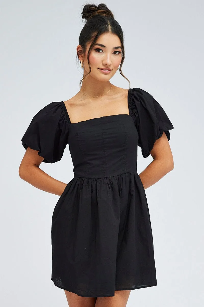 Black Fit and Flare Dress Short Sleeve Sun Protection Fabric Casual Bottoms