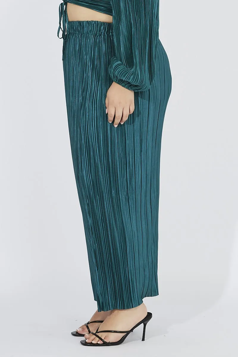 Green Midi Skirt Side Split Plisse Non Slip Waist Airy Comfort