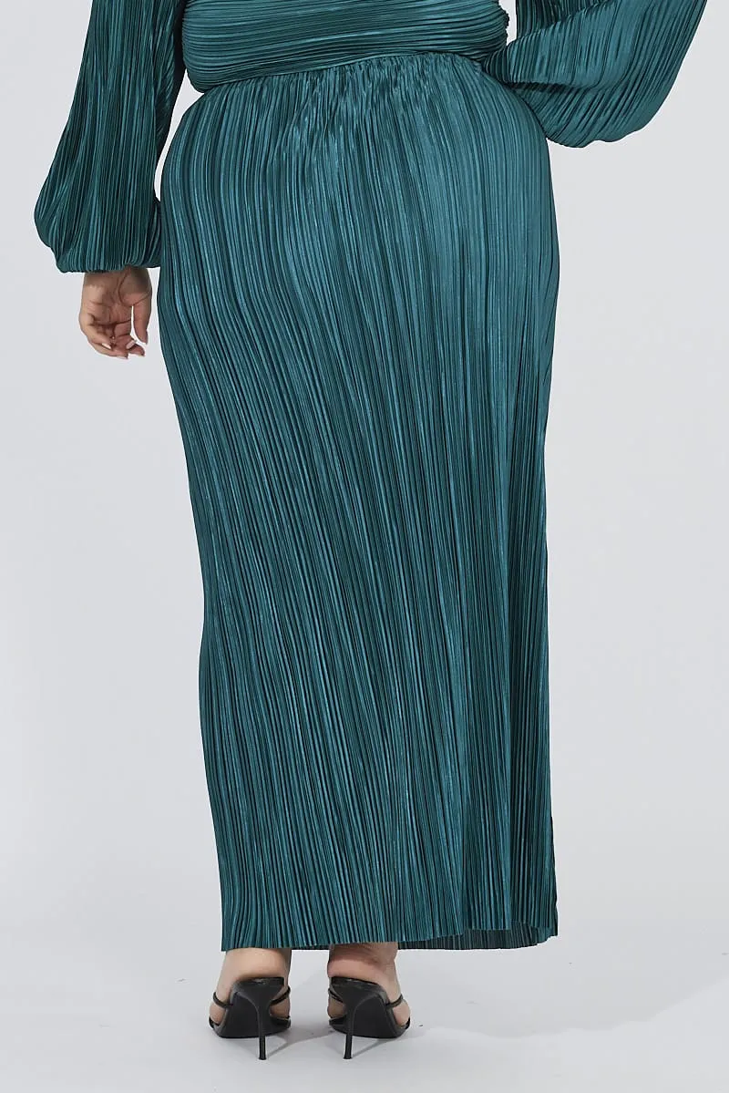 Green Midi Skirt Side Split Plisse Neat Finish Clean Cut