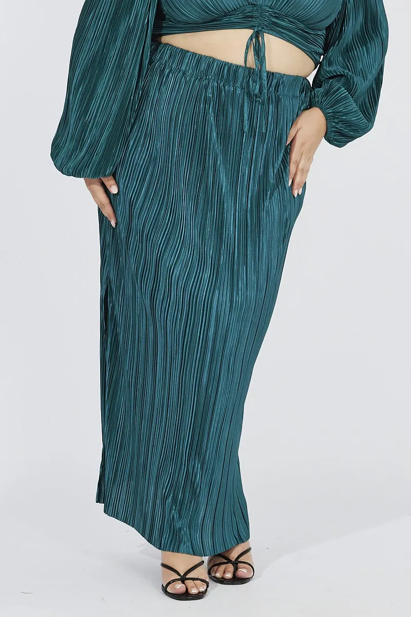 Green Midi Skirt Side Split Plisse Bold Print investment piece